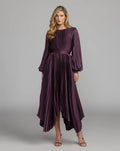 Plum Long Sleeve Pleated Charmeuse Handkerchief Dress