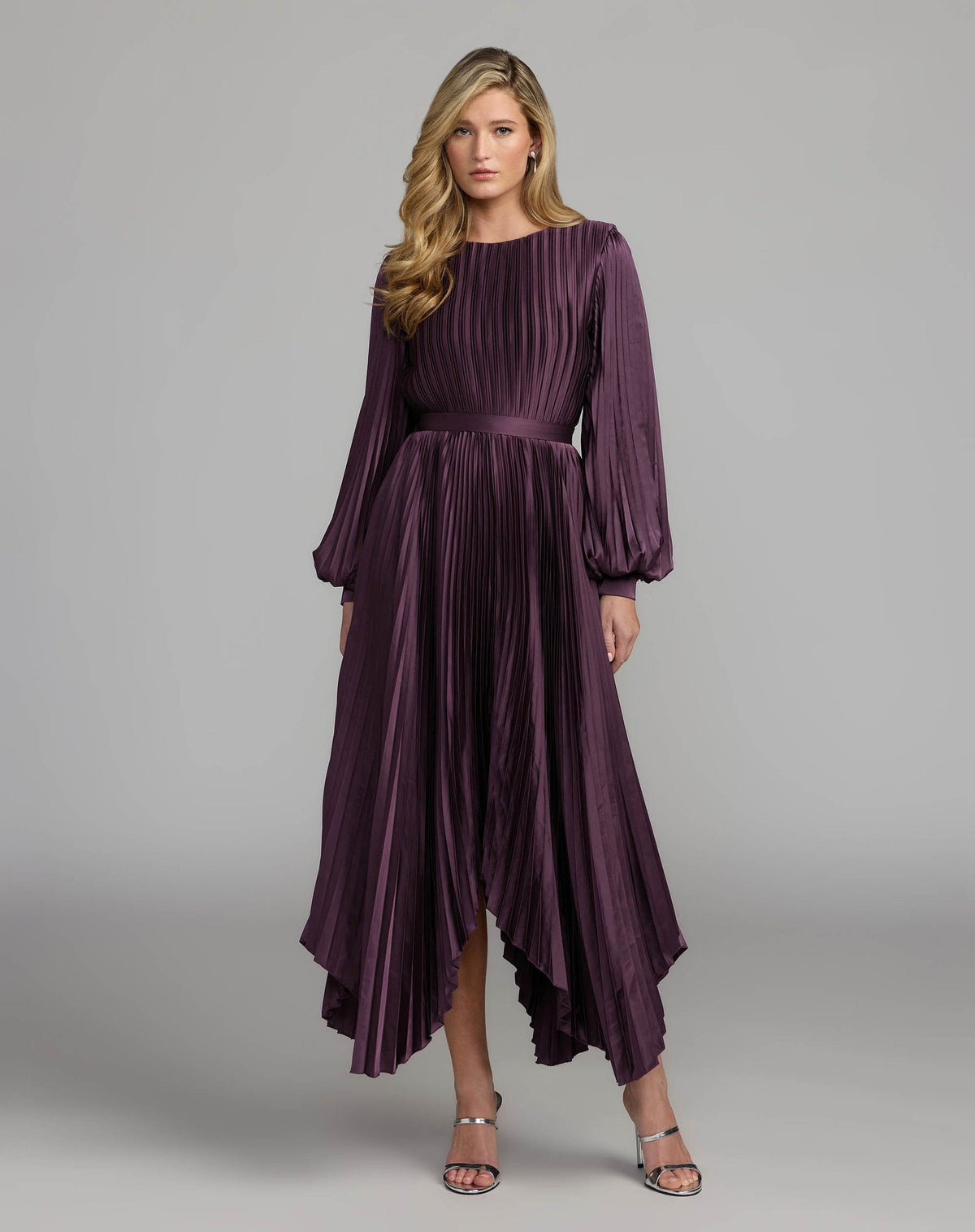 Plum Long Sleeve Pleated Charmeuse Handkerchief Dress