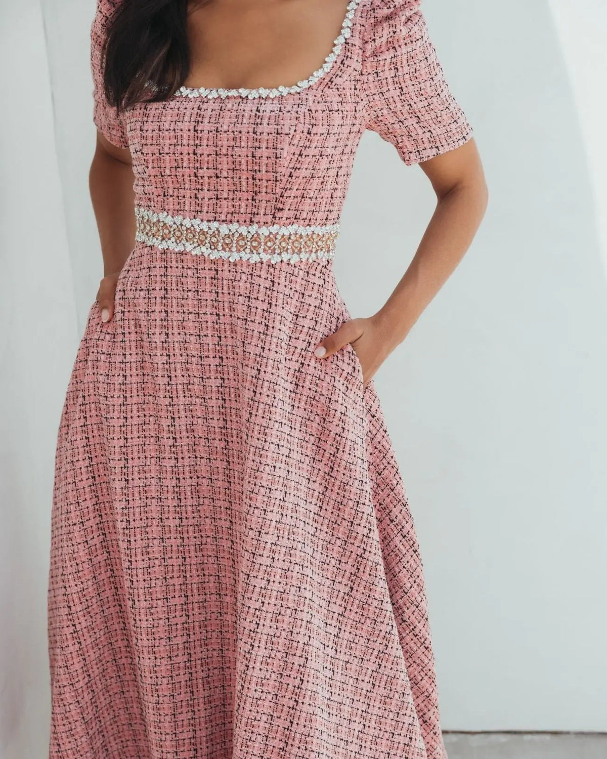 Pink Multi Puff Sleeve Boucle Midi Dress With Beaded Belt