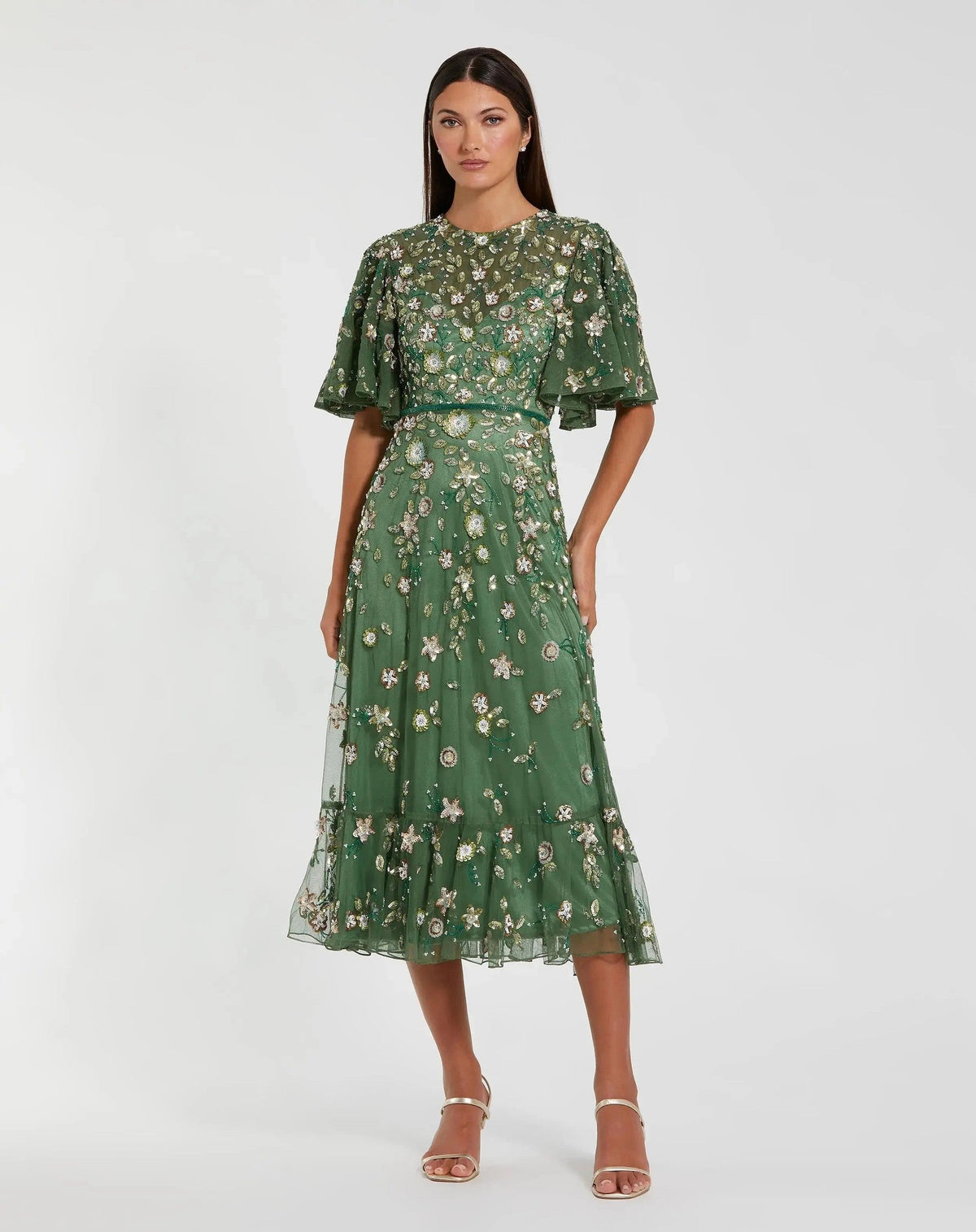 Sage Floral Embellished Flutter Sleeve Midi Dress