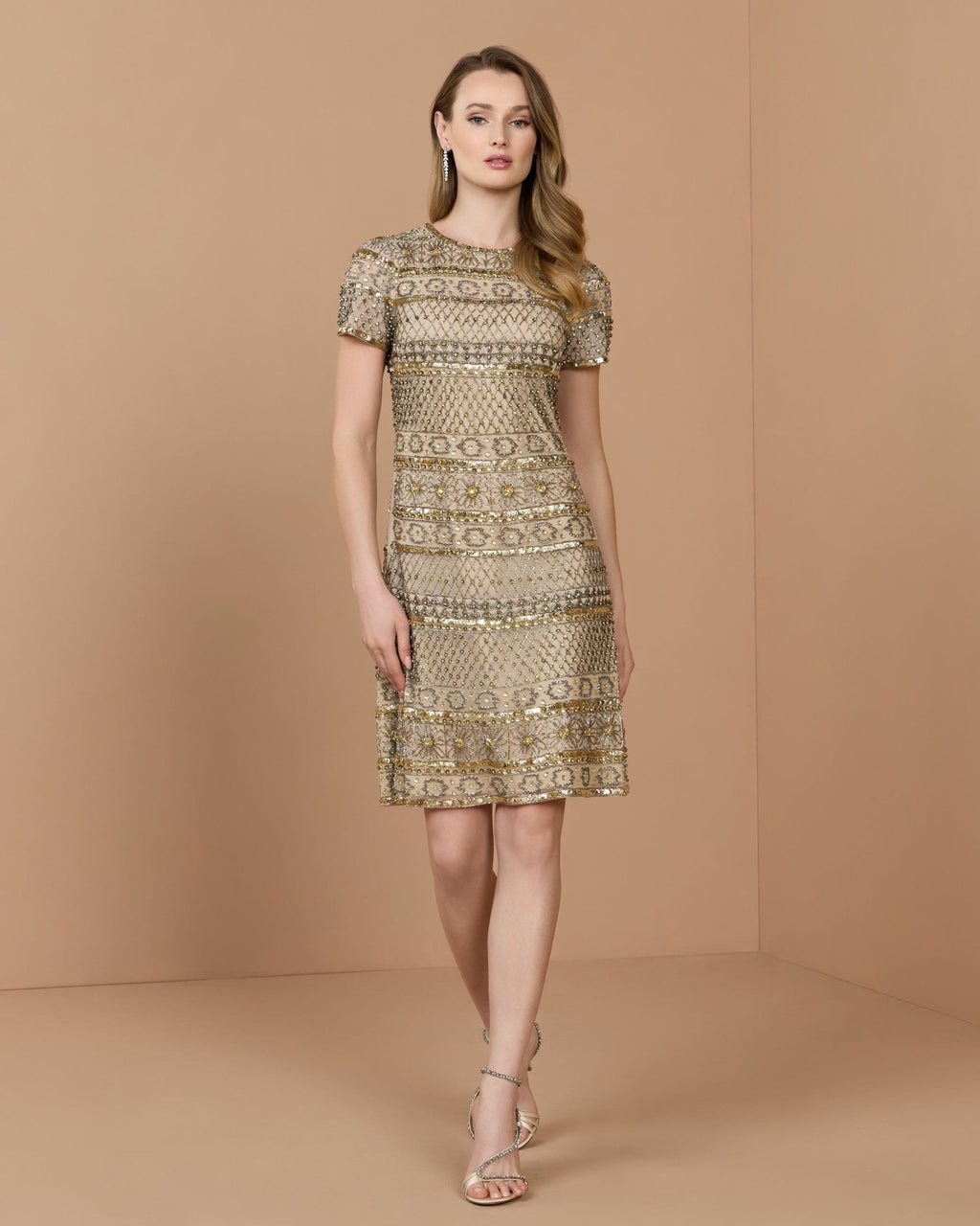 Nude Gold Short Sleeve Embellished Mini Dress