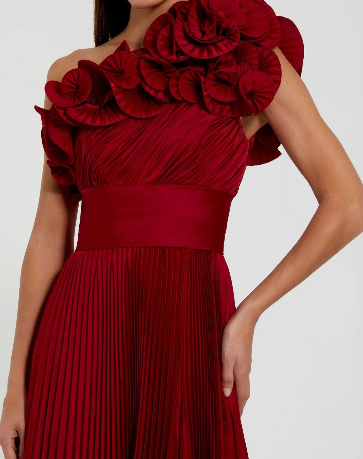 Red Ruffled One Shoulder Charmeuse Evening Gown