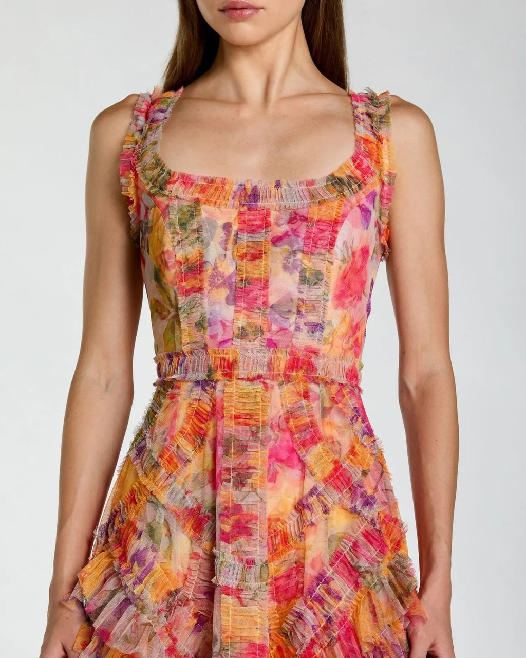 Multi Floral Scoop Neck A-Line Ruffle Midi Dress