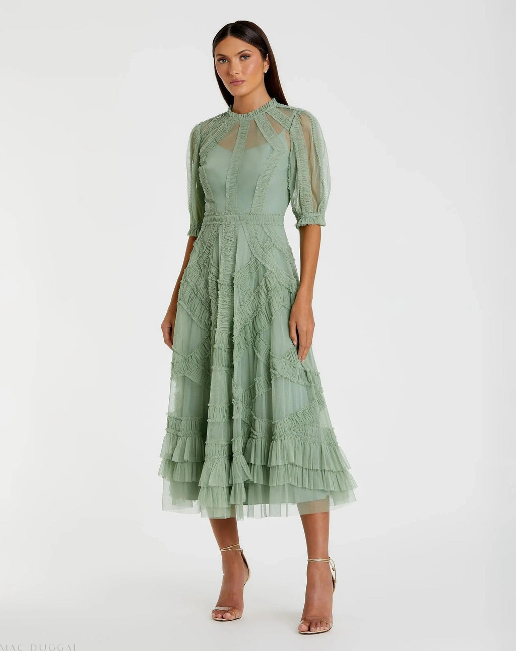 Green High Neck Ruffle Tiered A-Line Midi Dress