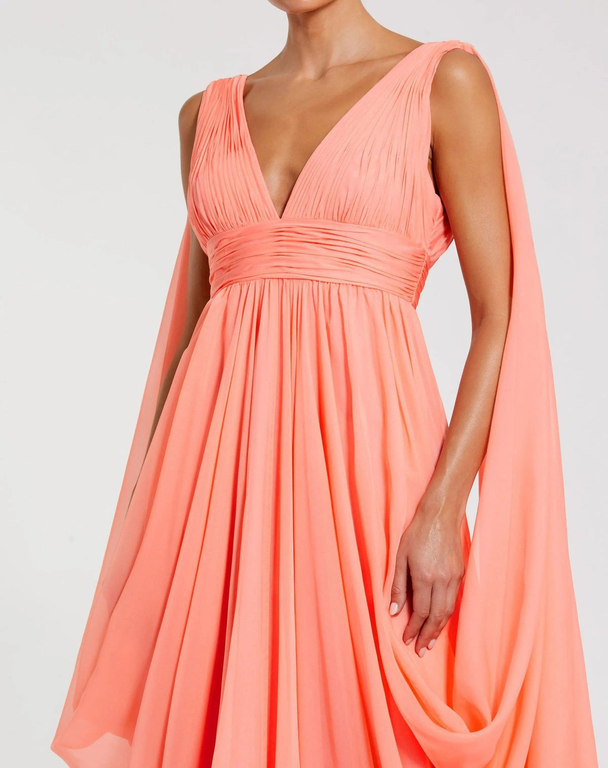 Coral Sleeveless V-Neck Draped Chiffon Gown