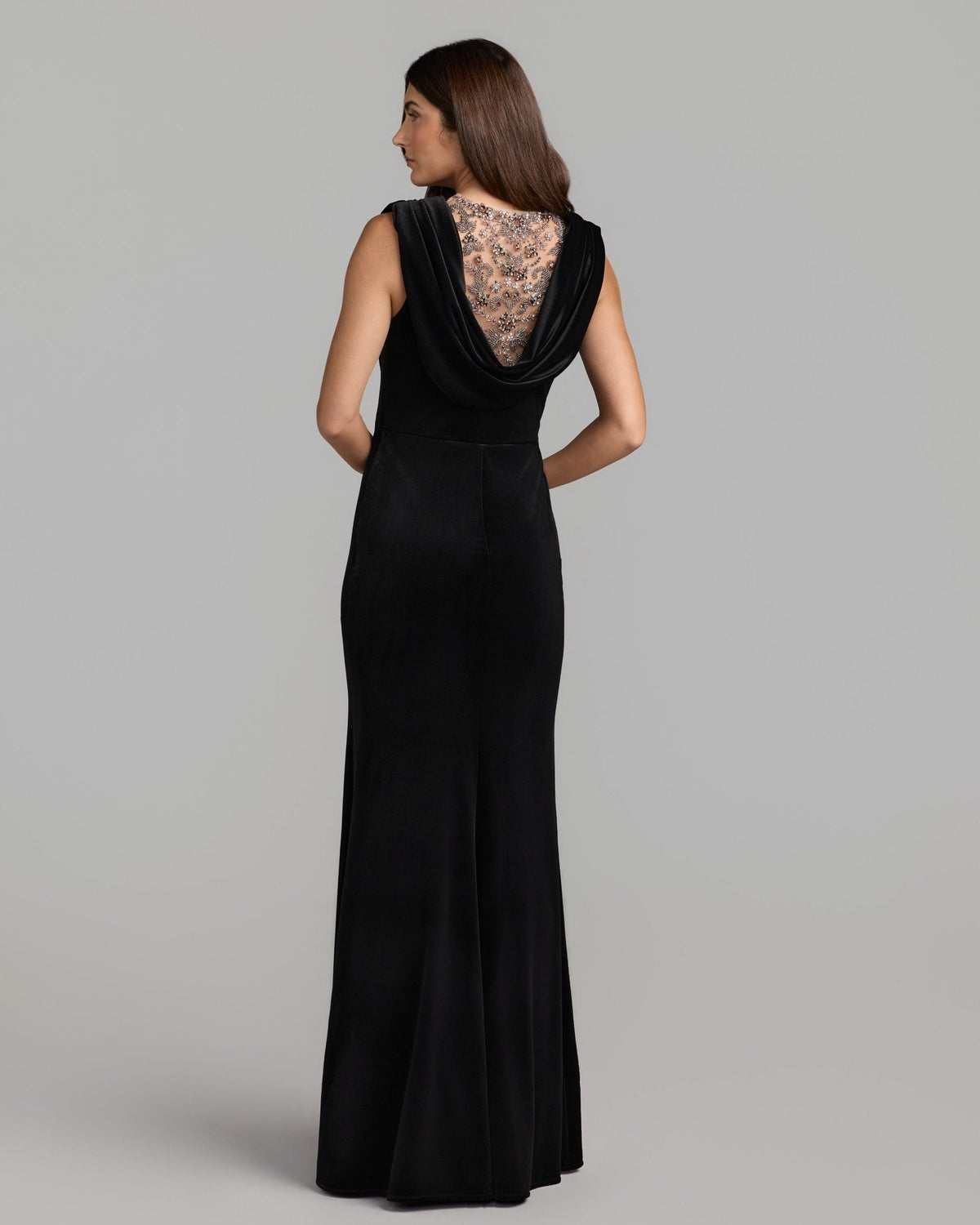 Black Velvet Cowl Gown With Sheer Beaded Neckline