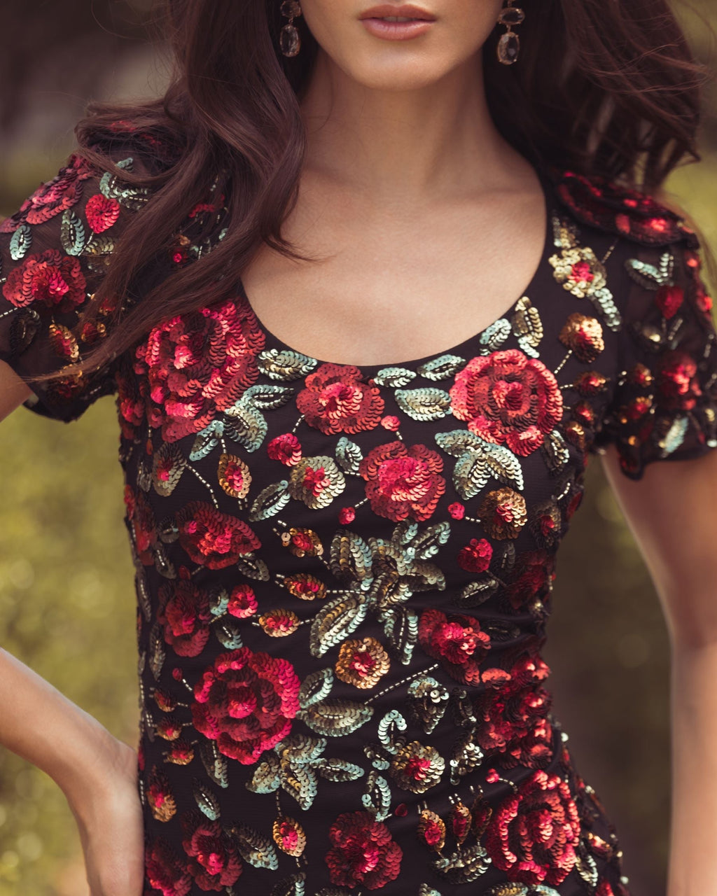 Black Multi Floral Sequin Scoop Neck Trumpet Gown