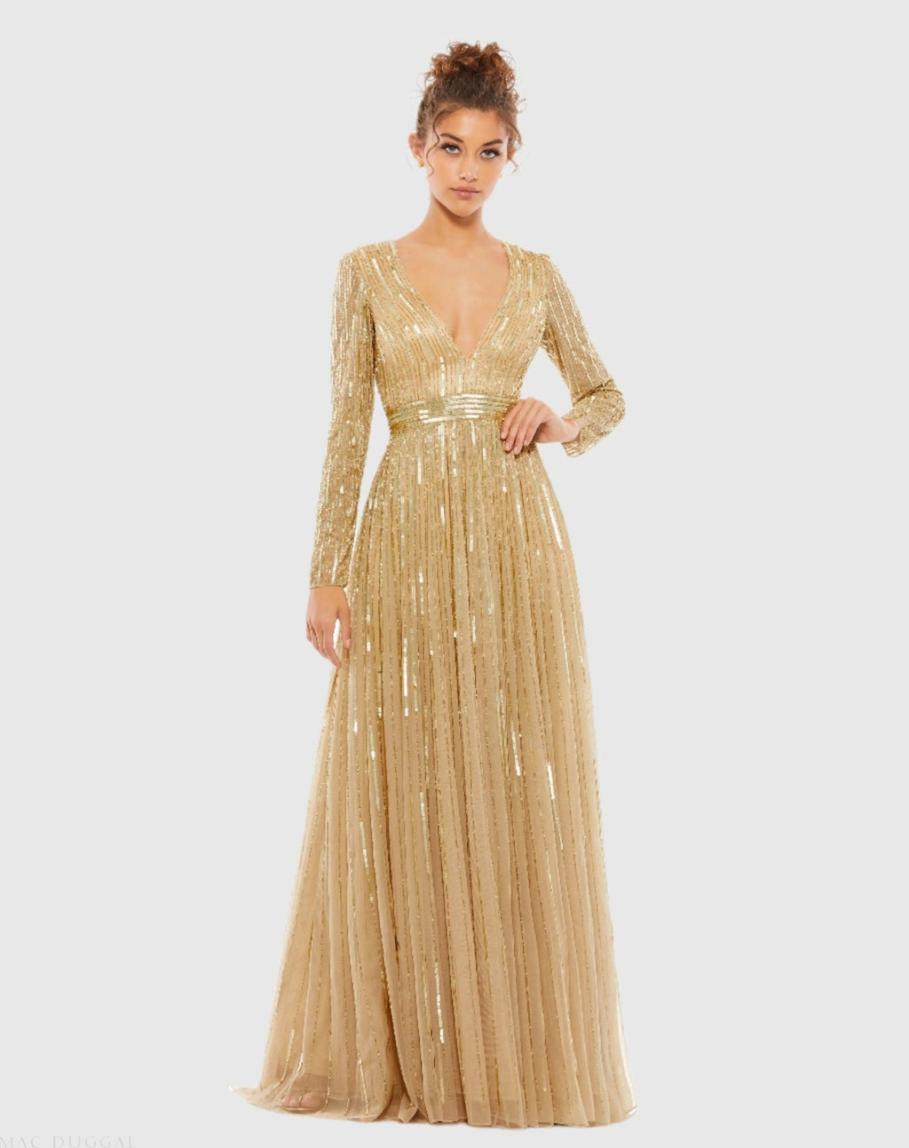 Gold Sequined V Neck Illusion Sleeve A Line Gown