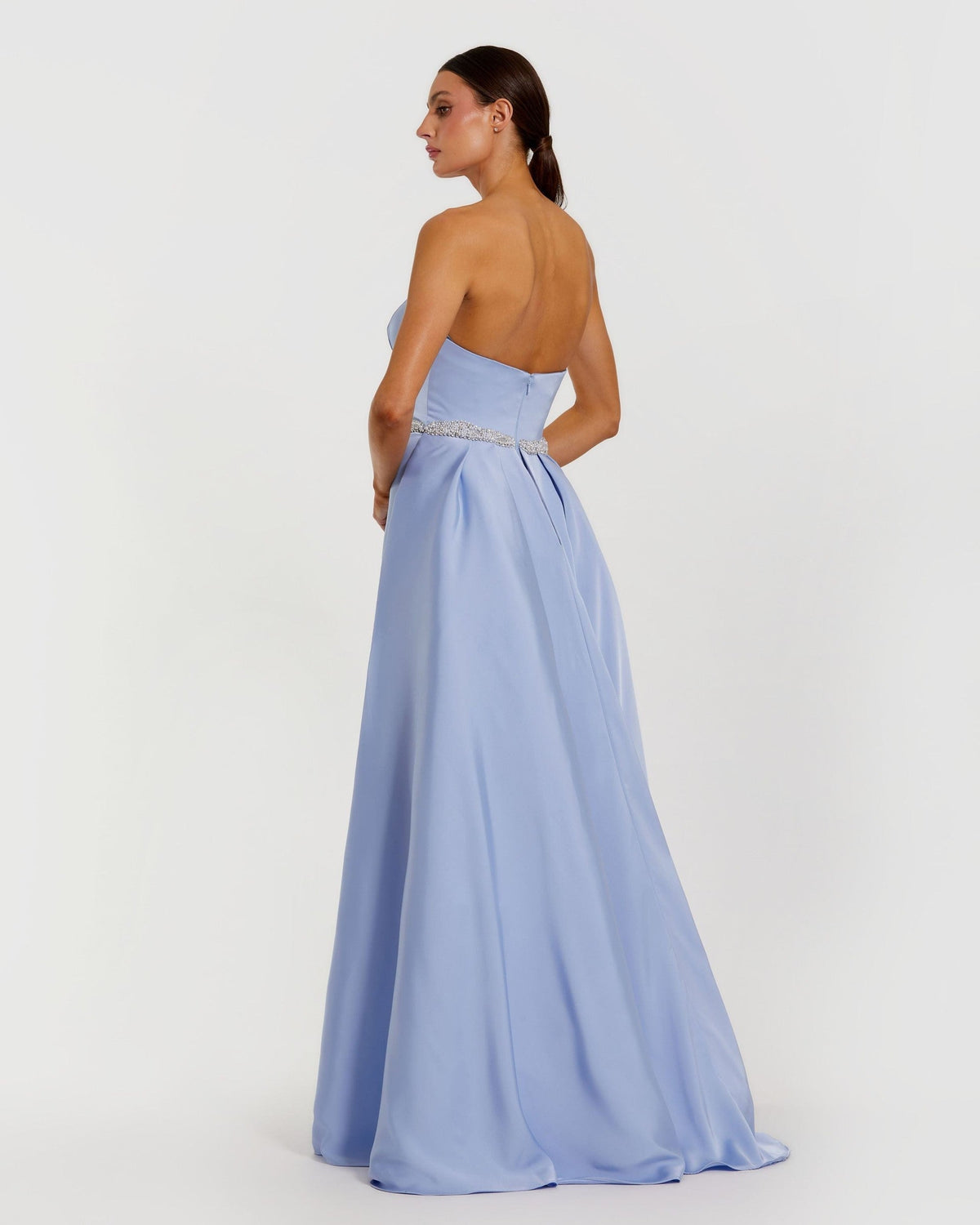 Powder Blue Strapless Embellished Satin Gown with Overskirt