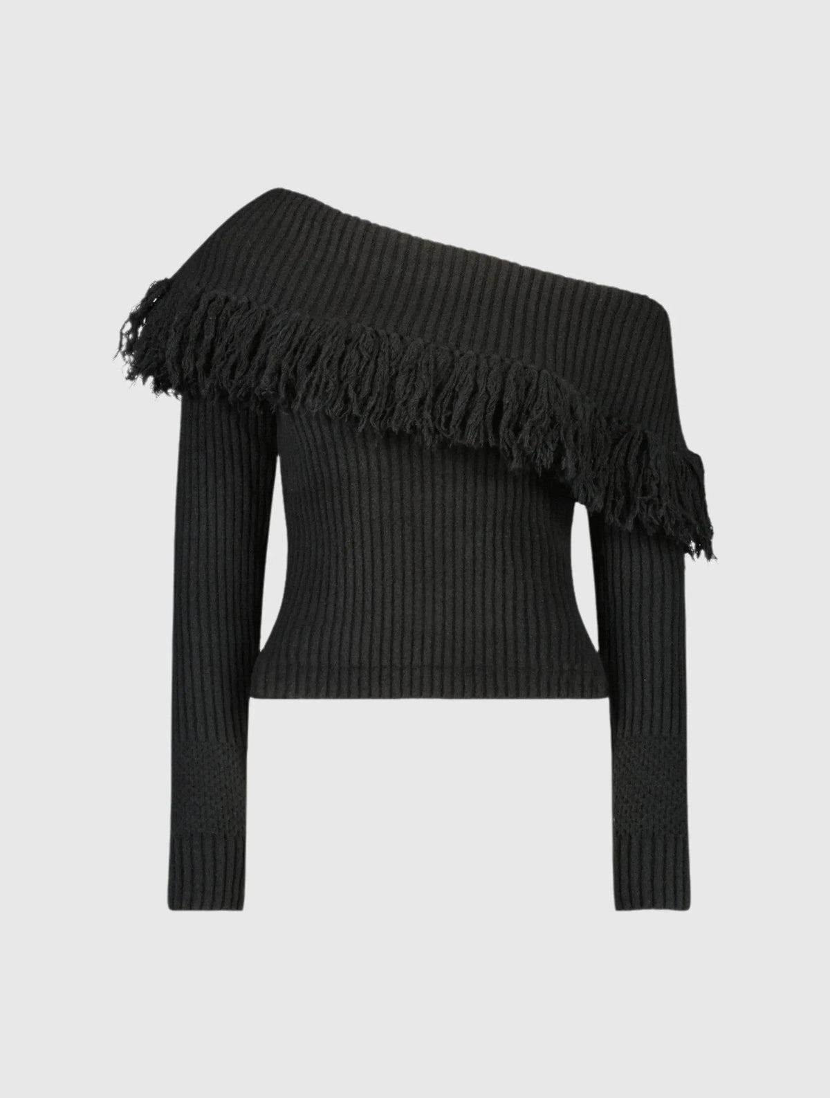 Black Off The Shoulder Fringe Knit Sweater