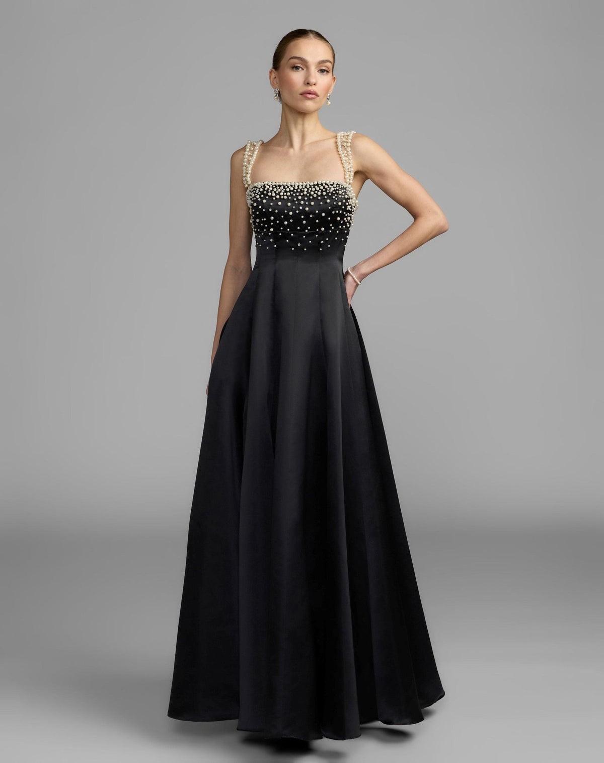 A-Line Pearl Embellished Satin Gown