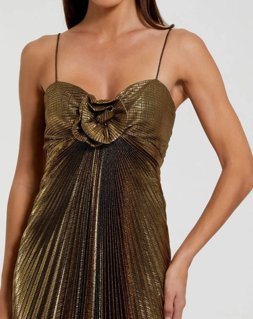 Antique Gold Metallic Pleated Gown With 3D Flower