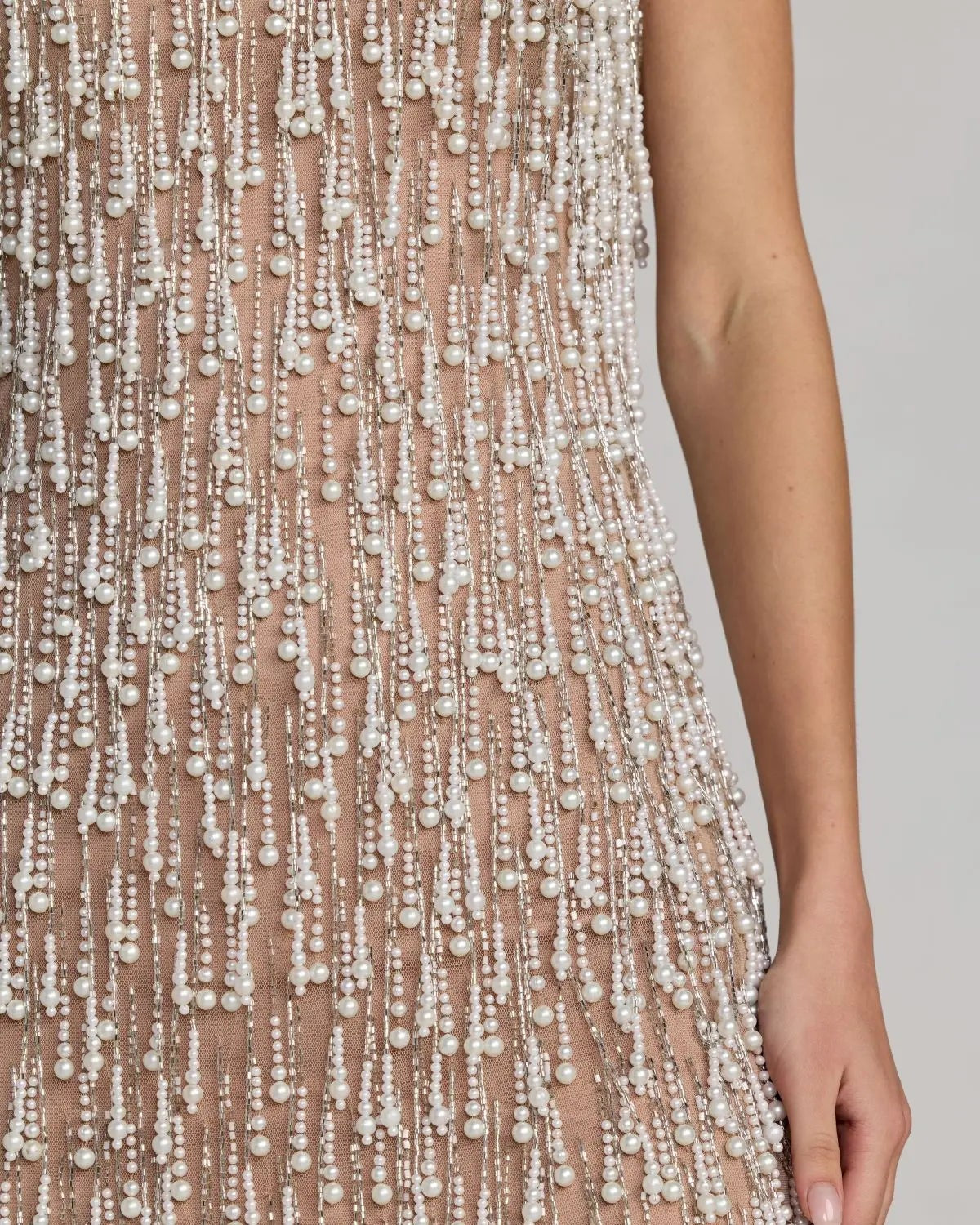 Ivory Nude Pearl Fringe Mini Dress