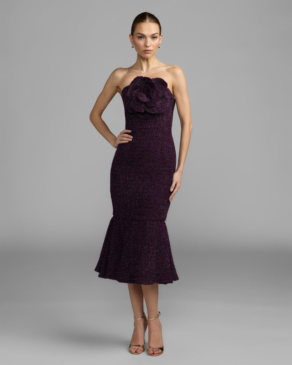 Aubergine Boucle Strapless Midi Dress With 3D Flower
