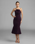 Aubergine Boucle Strapless Midi Dress With 3D Flower