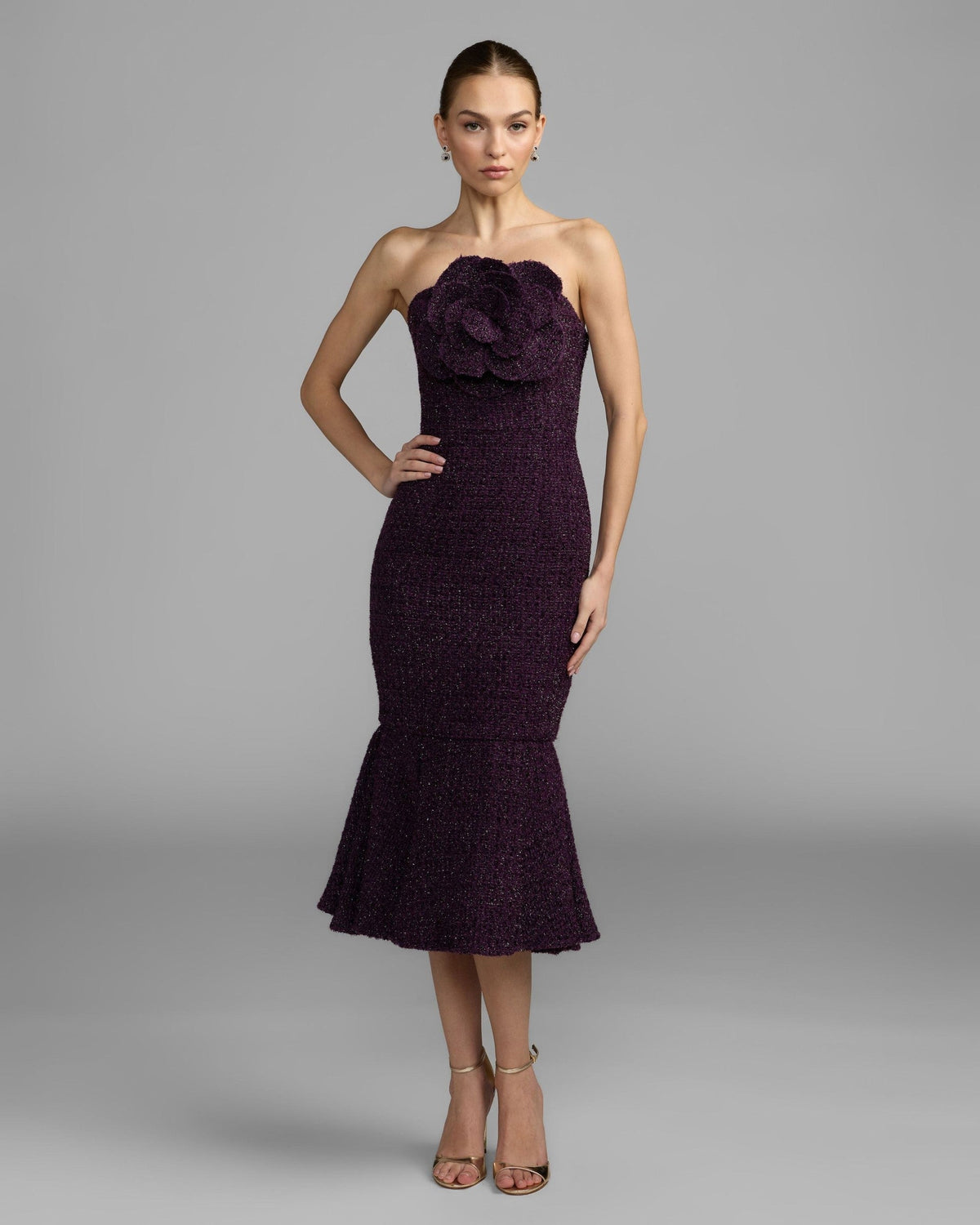 Aubergine Boucle Strapless Midi Dress With 3D Flower