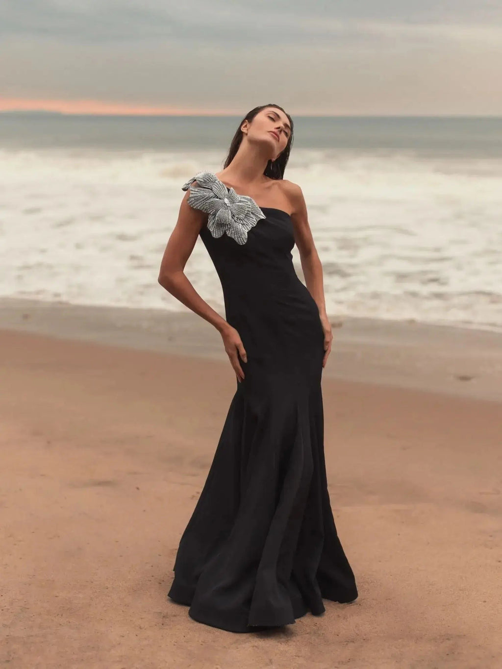Petite Black One Shoulder Trumpet Gown With Crystal Flower