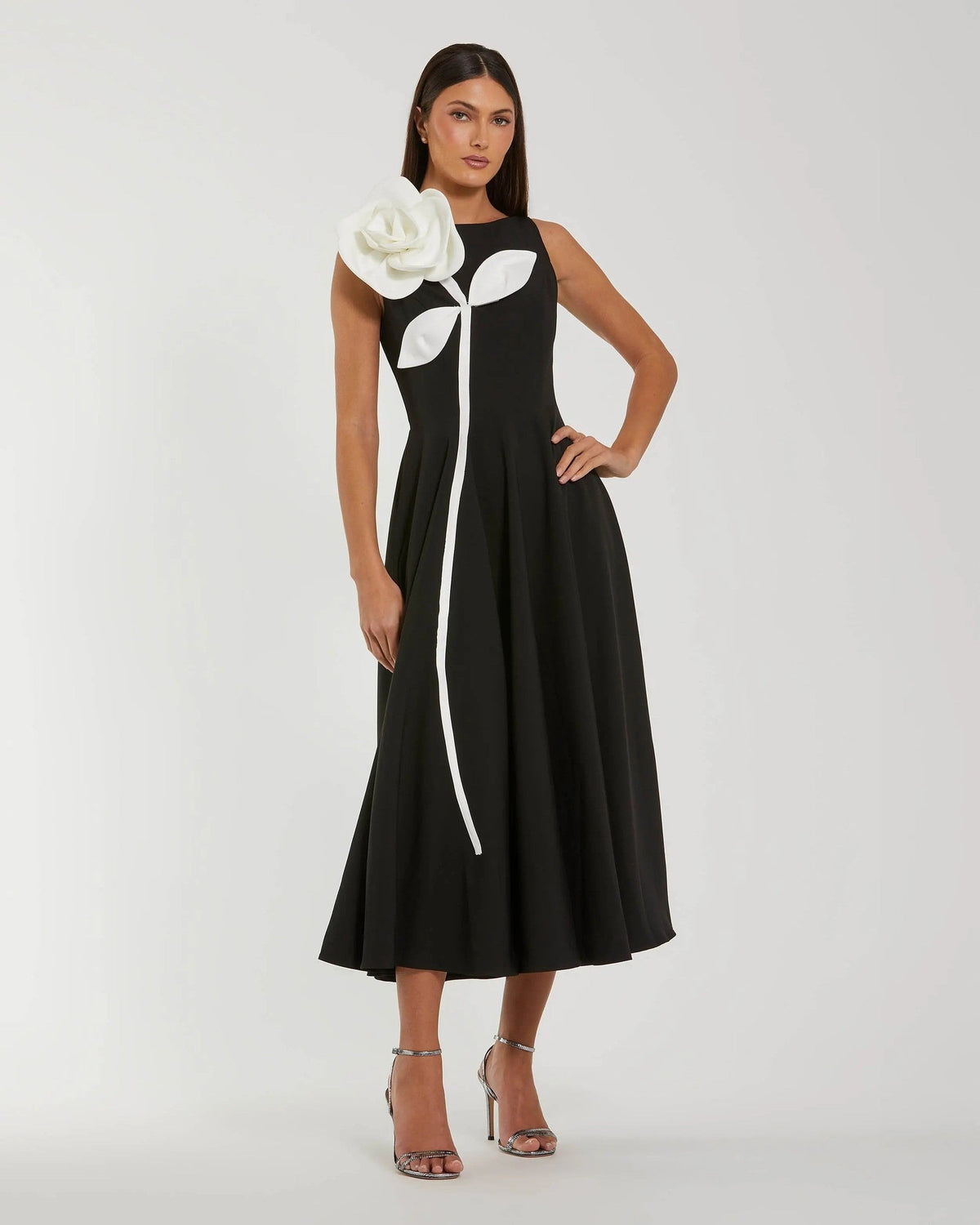 Black Crepe A Line Midi Dress with 3D Flower