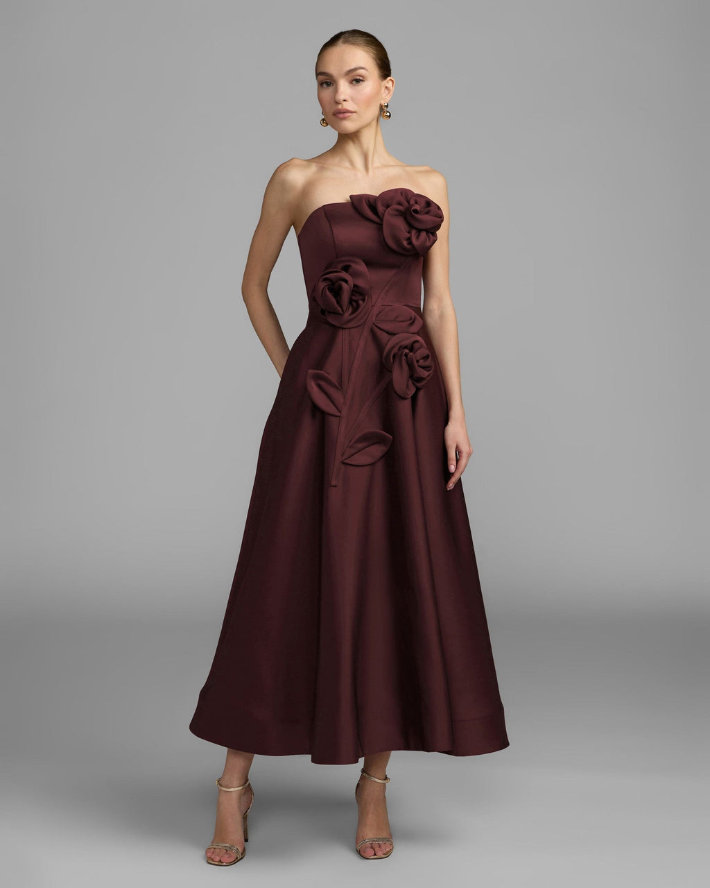Burgundy Strapless Satin A-Line Dress With 3D Flowers