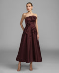 Burgundy Strapless Satin A-Line Dress With 3D Flowers