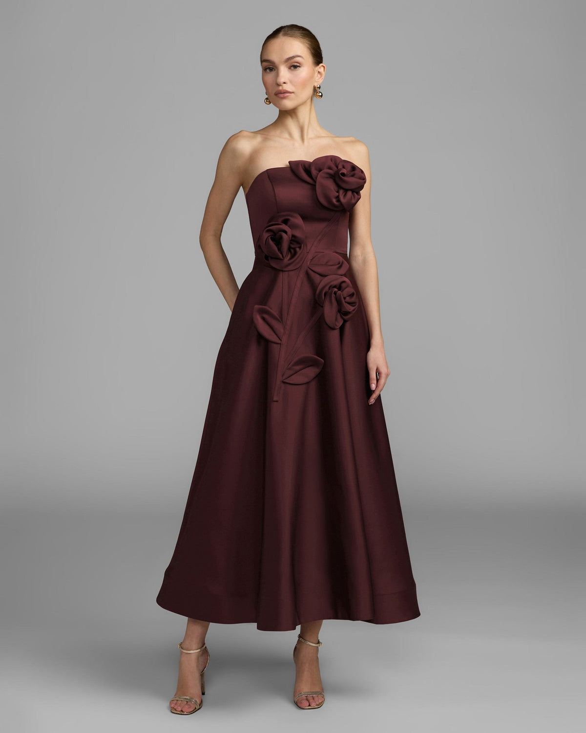 Burgundy Strapless Satin A-Line Dress With 3D Flowers