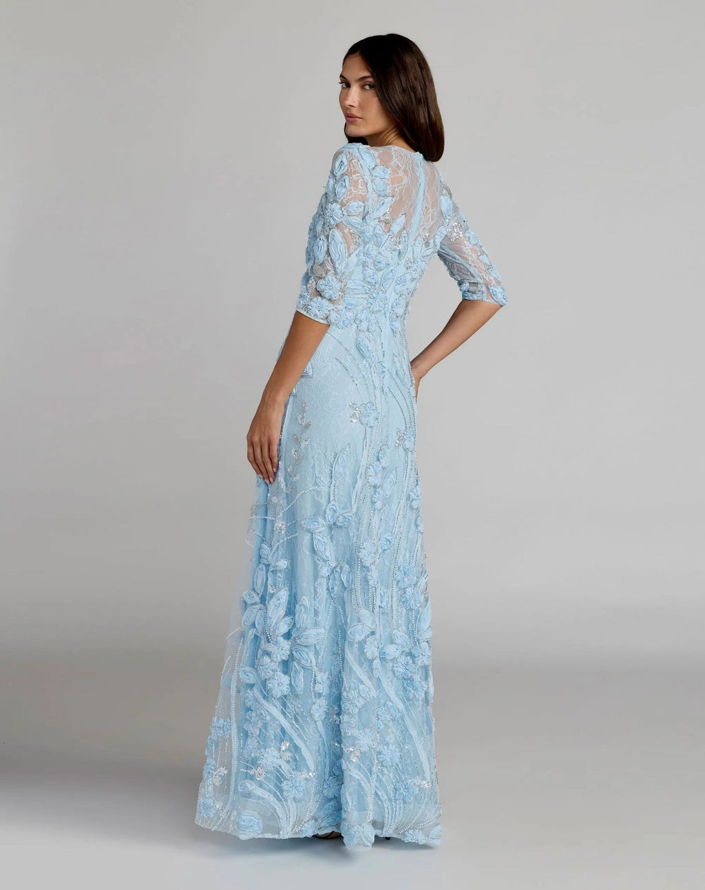 Periwinkle High Neck Embellished Lace Gown With 3/4 Sleeves