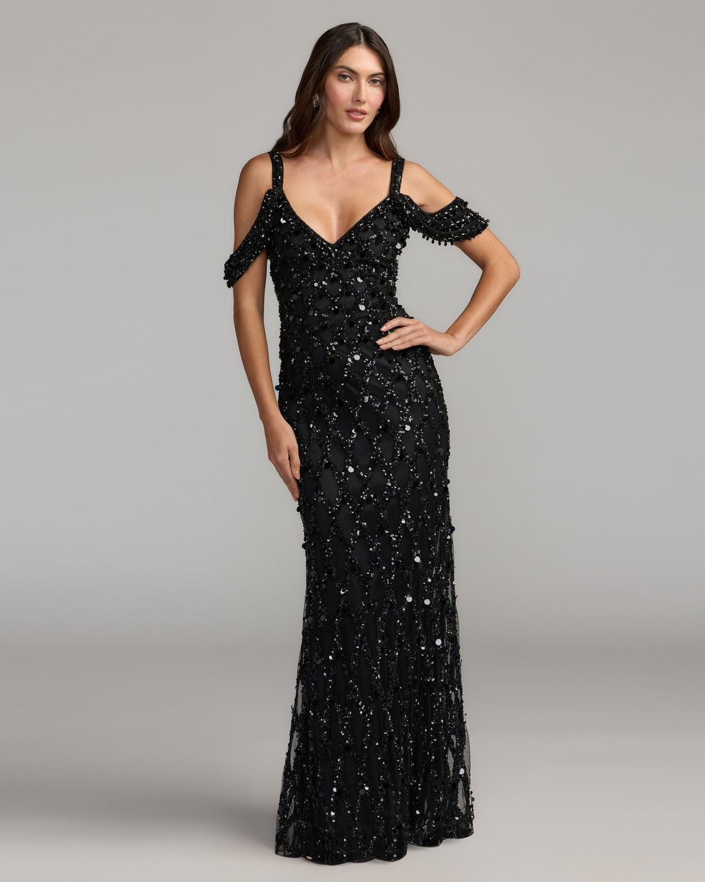 Black Sequin Embellished V-Neck Gown