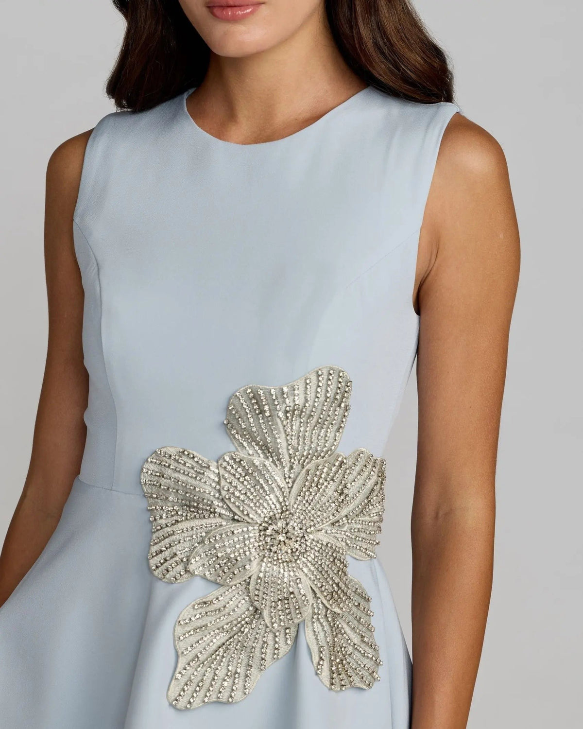 Powder Blue Crepe Sleeveless Mini Dress With Rhinestone Flower