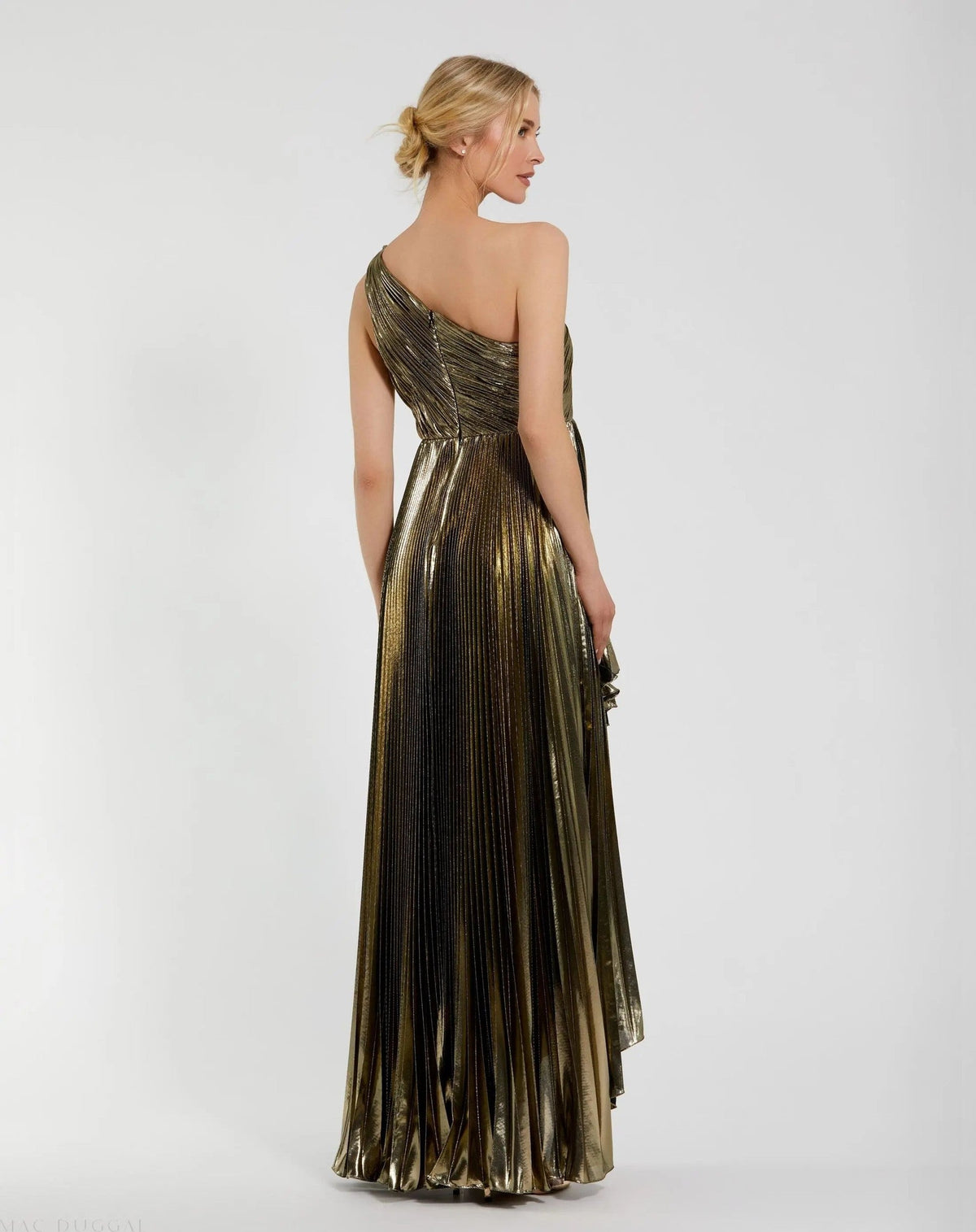 Gold Metallic Pleated One Shoulder Gown
