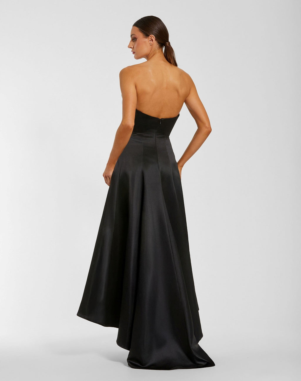 Black Ivory Strapless Satin High Low Gown With 3D Flowers