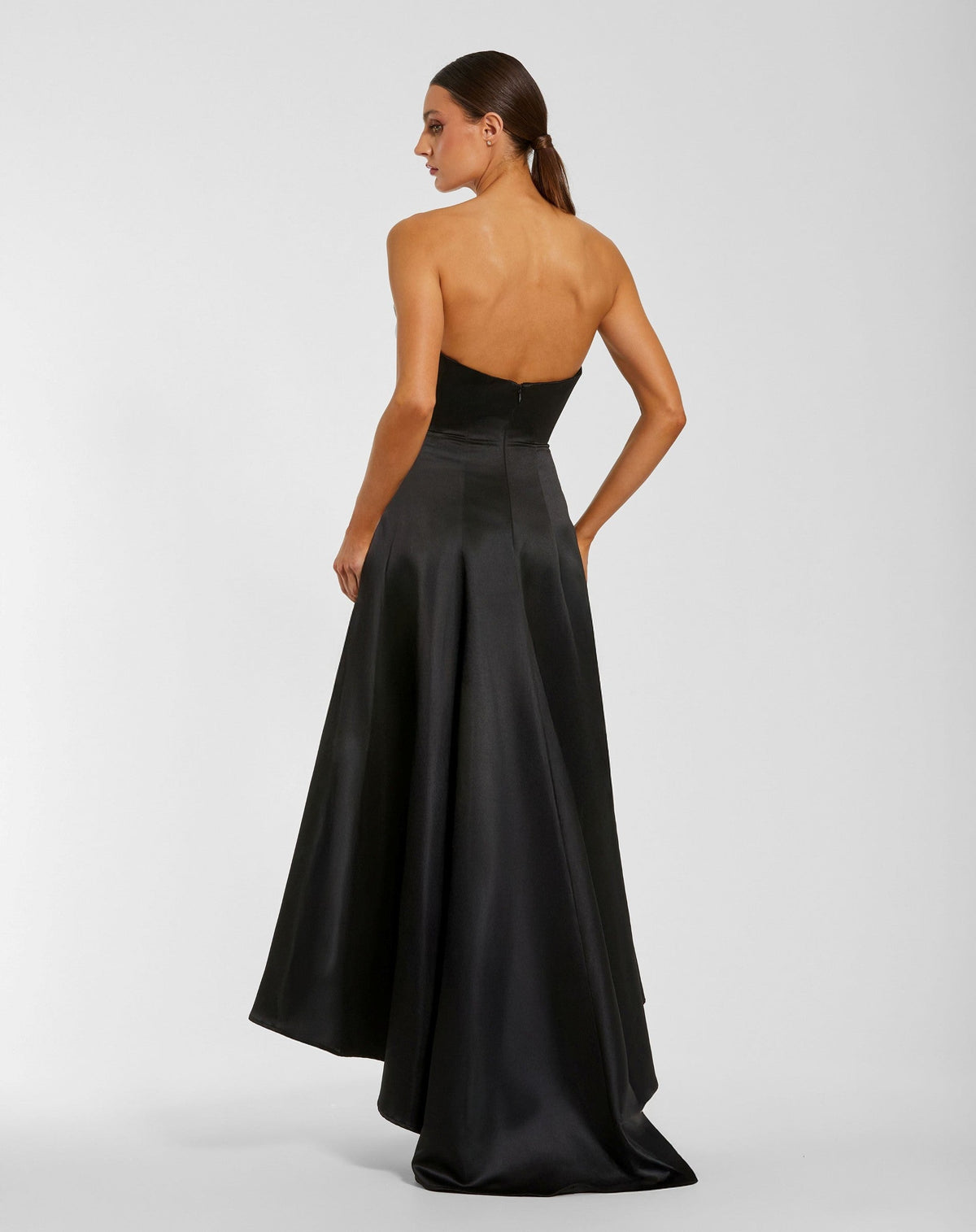Black Ivory Strapless Satin High Low Gown With 3D Flowers