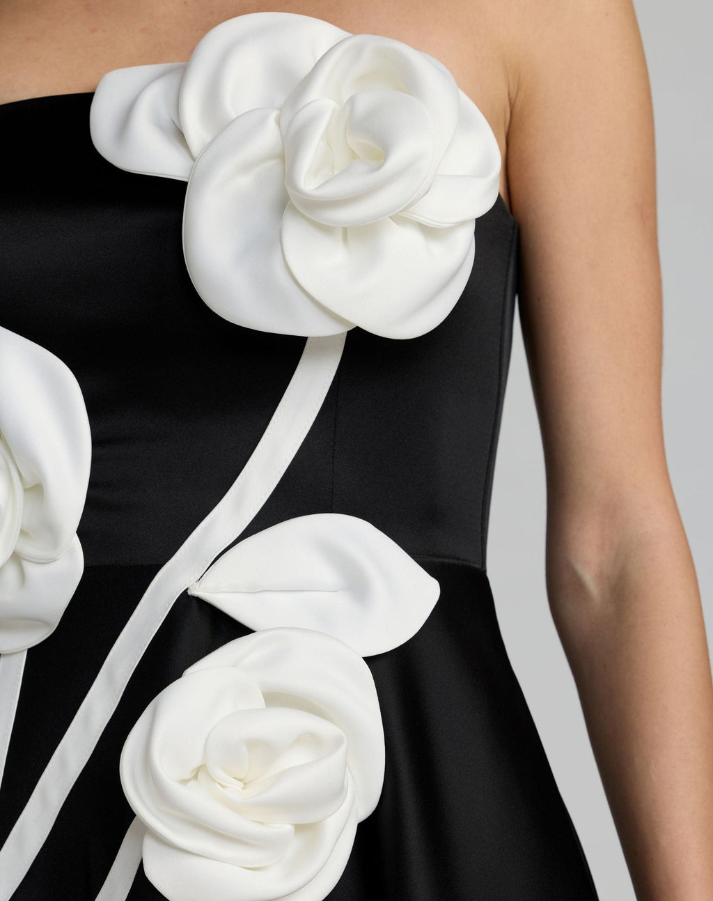 Black Ivory Strapless Satin A-Line Dress With 3D Flowers