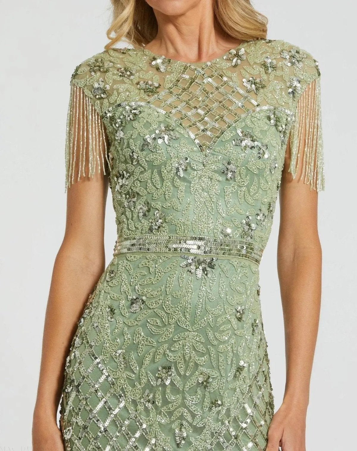 Sage High Neck Beaded Fringe Fitted Gown