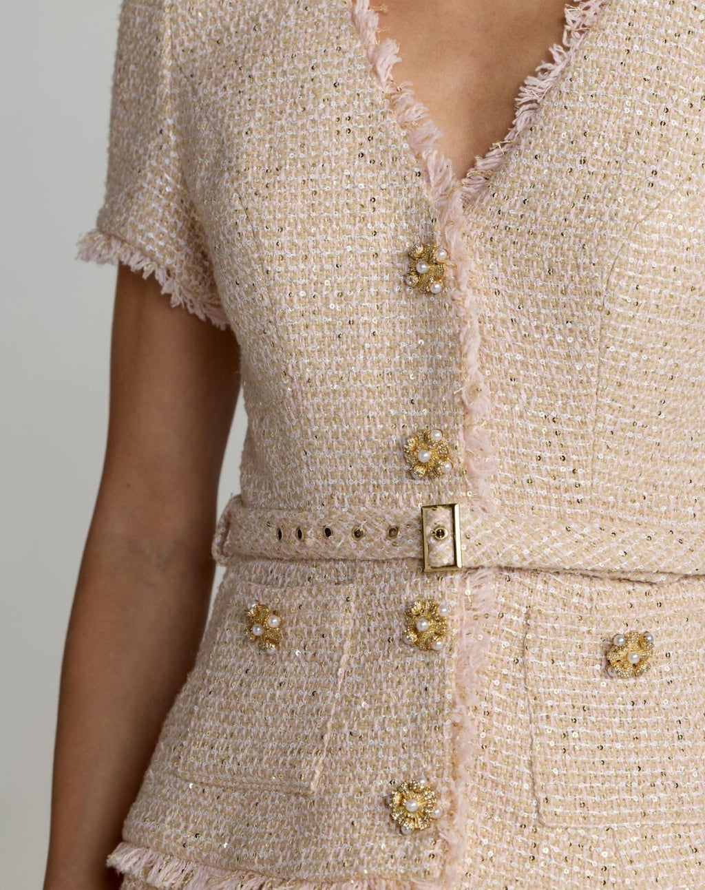 Blush Boucle Button Front Pleated Dress