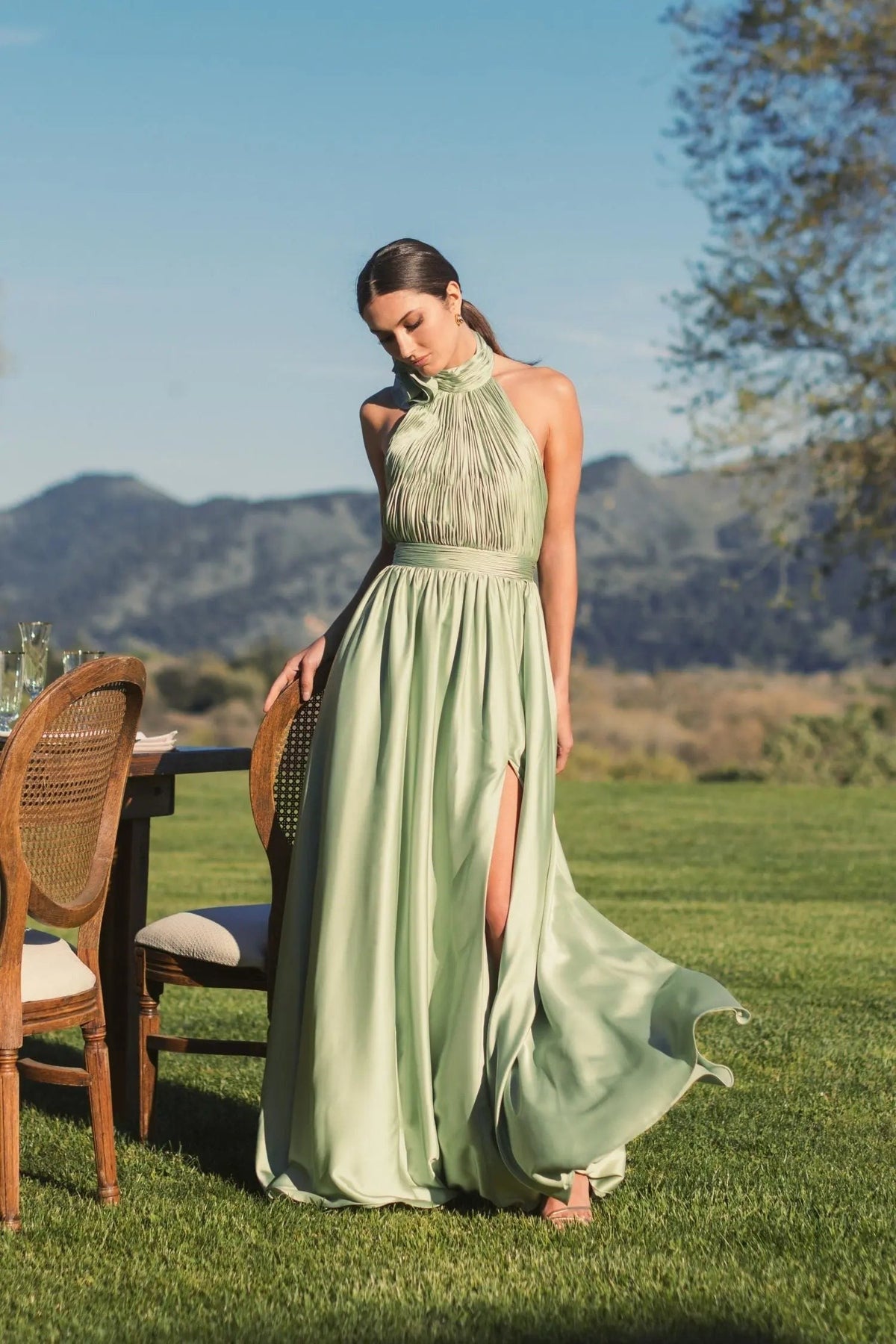 Sage Halter Neck Open Back Satin Gown With Slit