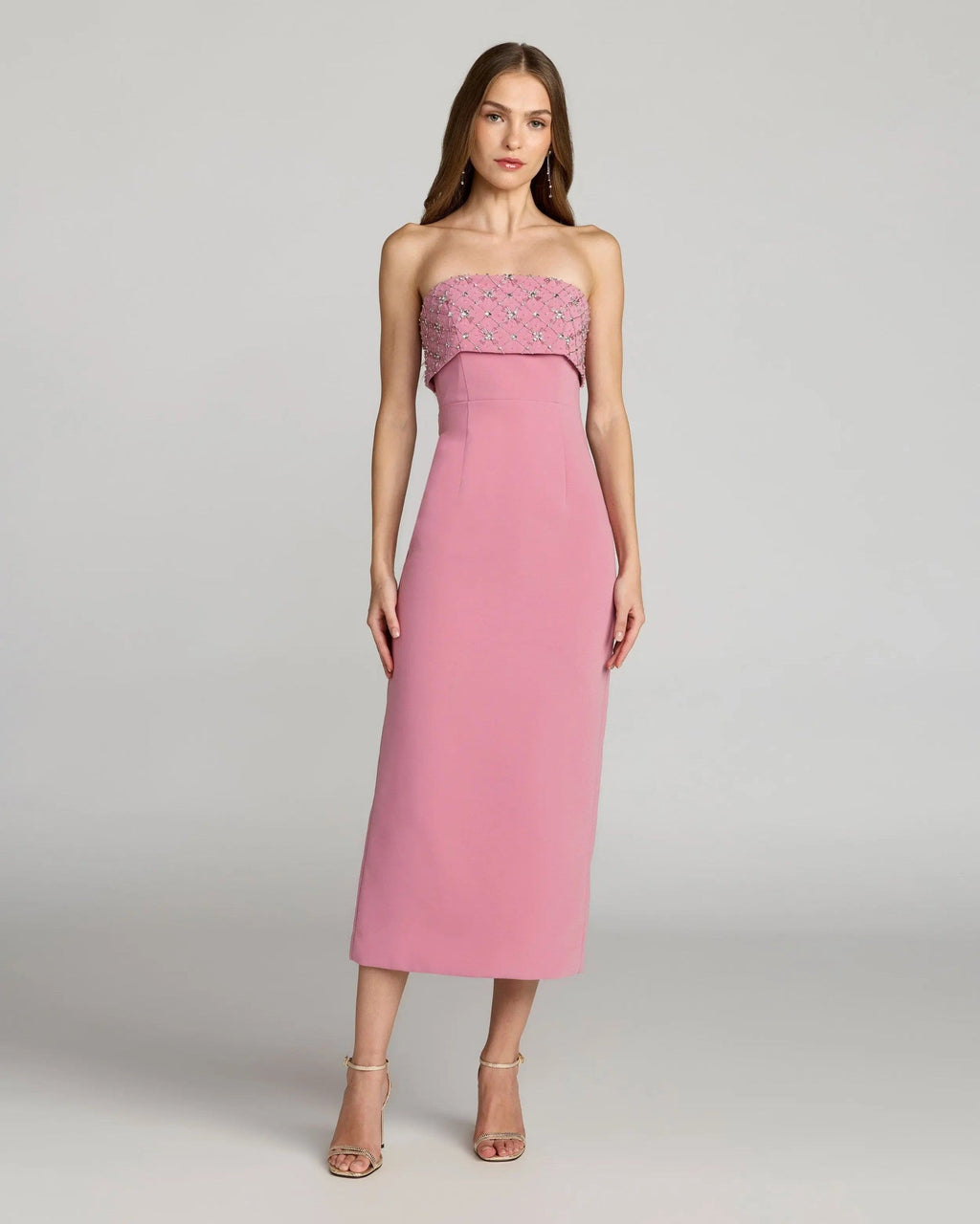 Orchid Strapless Crepe Midi Dress With Rhinestone Detail
