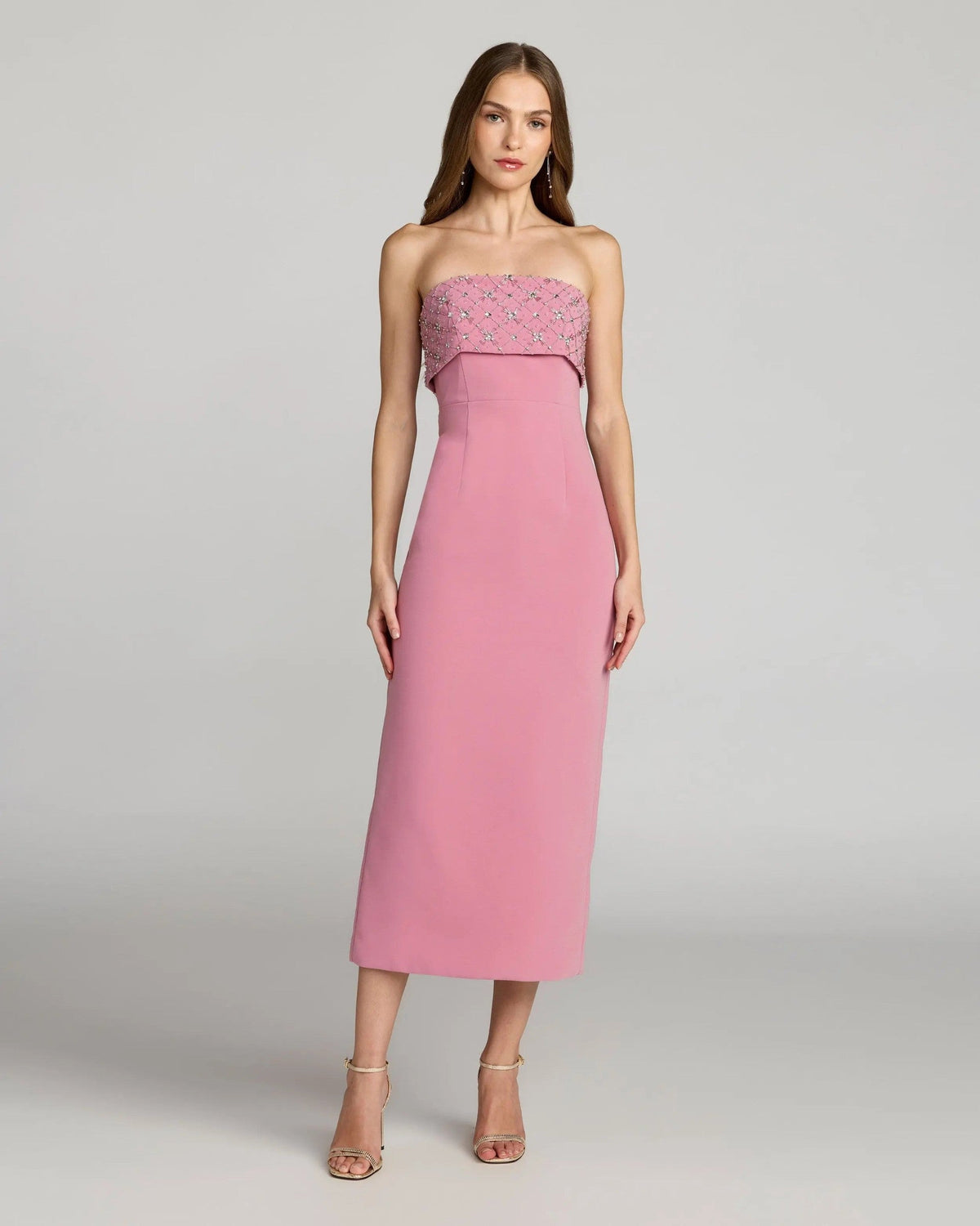 Orchid Strapless Crepe Midi Dress With Rhinestone Detail