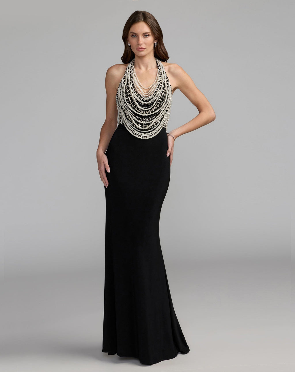 Black Beaded Halter Neck Jersey Gown