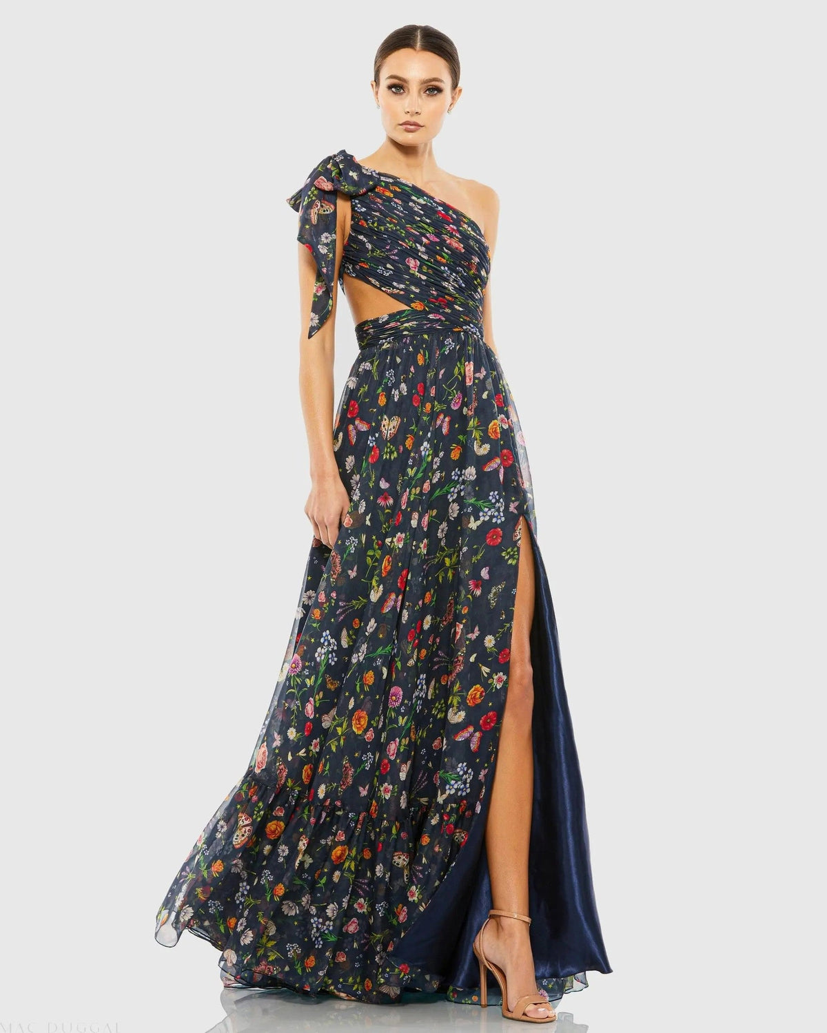 Navy Tied One Shoulder Cut-Out Flowy Gown