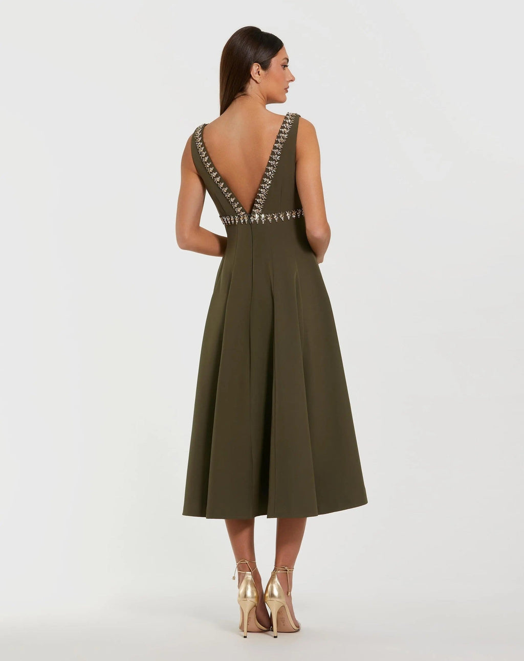 Olive Rhinestone Embellished Crepe A-Line Midi Dress