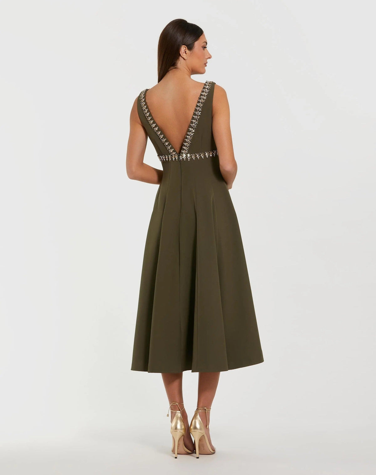 Olive Rhinestone Embellished Crepe A-Line Midi Dress
