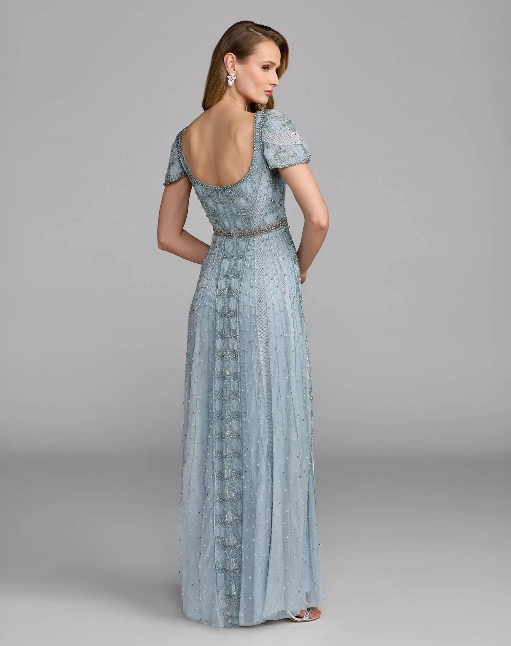 Slate Blue Short Sleeve Scoop Neck Embellished Gown