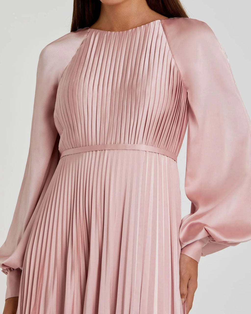Blush Pleated High Neck Long Sleeve Gown With Slit