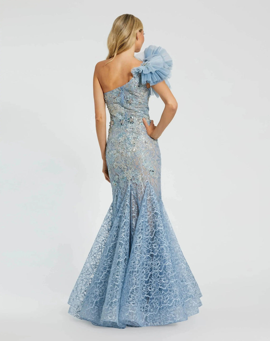 Powder Blue Sleeveless One Shoulder Embroidered Mermaid Gown
