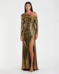 Gold Long Sleeve Off the Shoulder Metallic Gown
