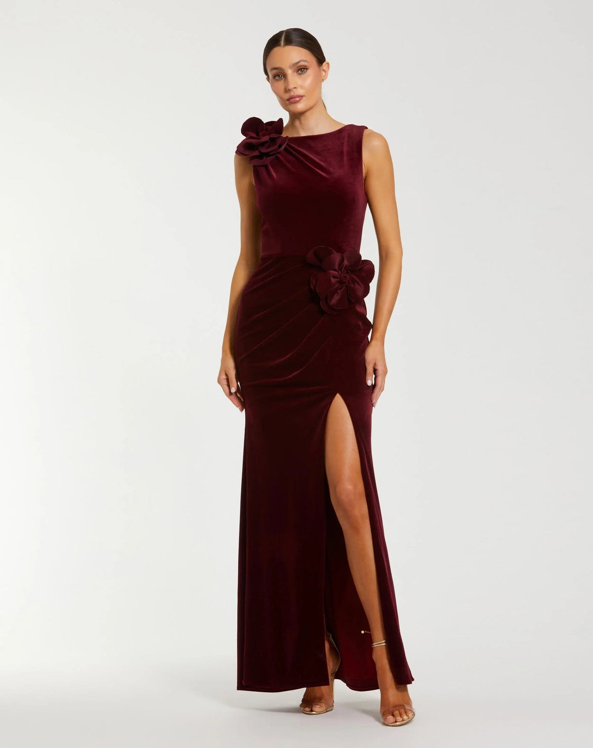 Burgundy High Neck Velvet Column Gown With 3D Flowers