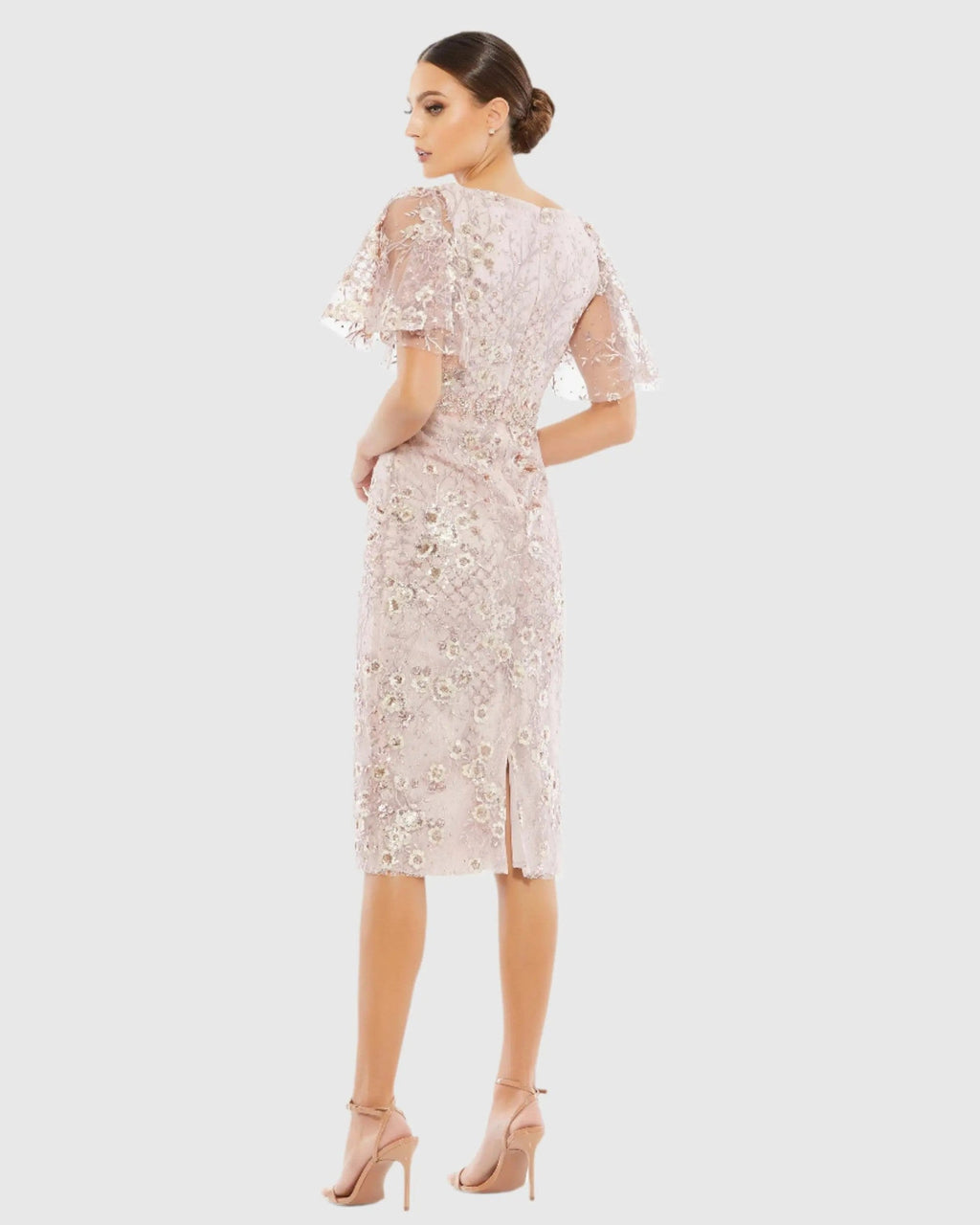 Rose Pink Embellished Butterfly Sleeve Cocktail Dress
