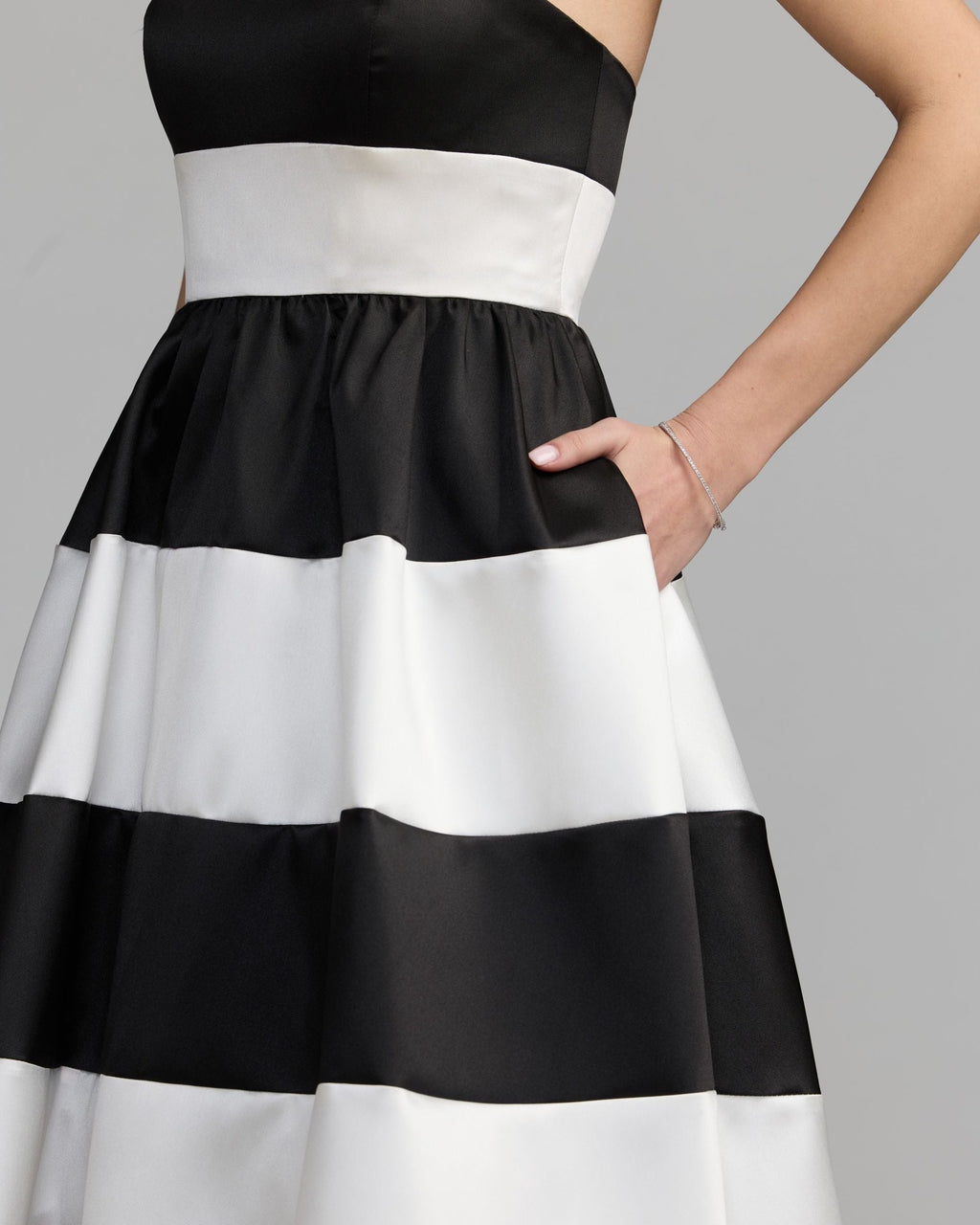 Black Ivory Striped Strapless Mikado Midi Dress