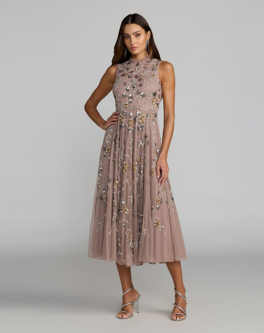 Pink Embellished High Neck Sleeveless Midi Dress
