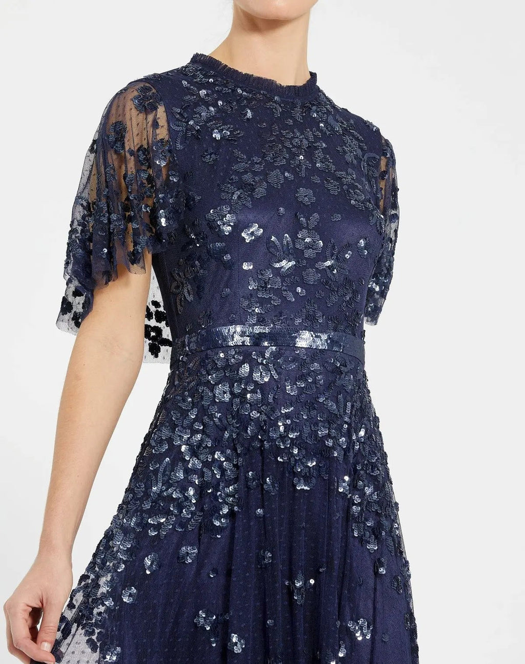 Midnight Sequined High Neck Flutter Sleeve A Line Gown